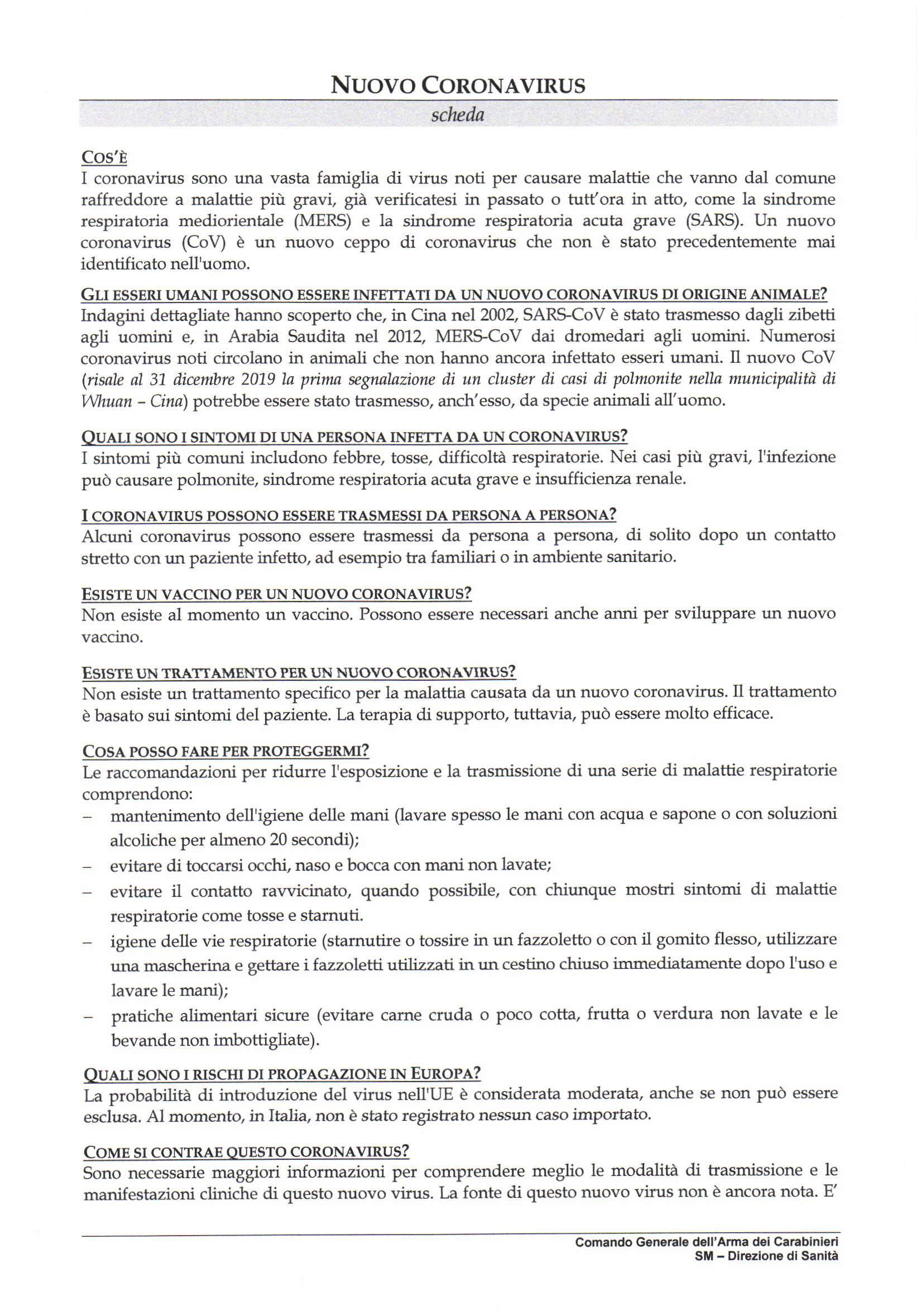 Infezione da coronavirus 2019-nCoV (Vademecum Comando Arma Carabinieri)